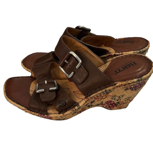 Born Floral Wedge Slide Sandals in Brown Leather Size 8 (39) - Picture 4 of 9